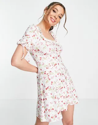 Miss Selfridge square neck tie sleeve textured mini smock dress in fruit print
