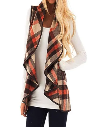 Womens Vest Plaid Sleeveless Pockets Lapel Open Front Cardigan  Jacket 