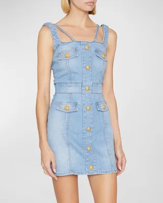 4-Pockets Button-Front Strappy Denim Mini Dress