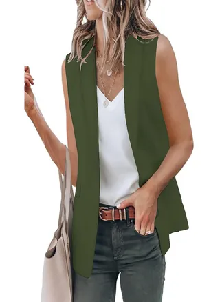 Women's Solid Color Open Front Pocket Cardigan Formal Suit Sleeveless Shirt Jacket 
