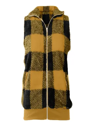 Women's Autumn/Winter Fashion Casual Plaid Plush Zipper Vest Jacket 