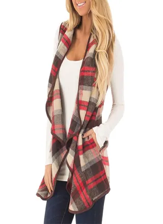 Womens Vest Plaid Sleeveless Pockets Lapel Open Front Cardigan  Jacket 