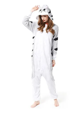 Hooded Soft Fleece Cheese Cat Onesies White/Black 