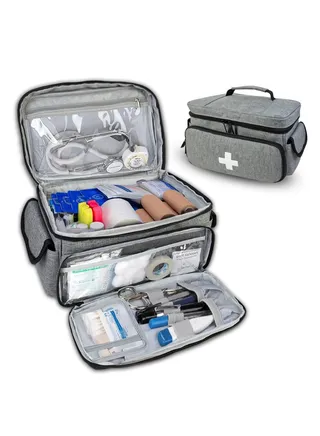 Portable First Aid Bag, Empty Medical Supplies Bag with a Mini Pouch Travel Medicine Bag Cosmetic Organizer for Home Camping Hiking Office (Grey) 