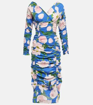 Floral ruched cotton-blend midi dress