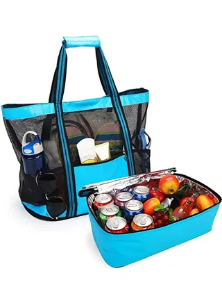 Mesh Beach Picnic Tote With Insulated Cooler Bag 