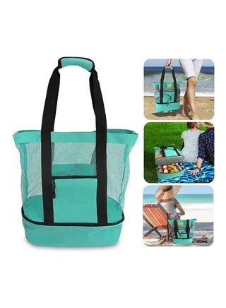 Mesh Large Beach Tote Zipper with Insulated Cooler Bag 