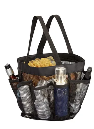 Shower Bag Dorm Mesh Caddy Tote 8 Pockets, Hanging Portable Toiletry for Men and Women, College Essentials Quick Dry Bath Organizer Dorms, Gym, Camp (Black) 