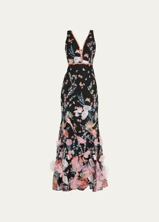 Deep V-Neck Embroidered Tulle Gown