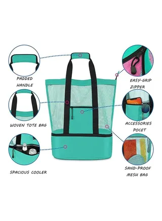 Mesh Large Beach Tote Zipper with Insulated Cooler Bag 