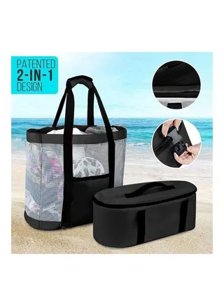 2-In-1 Mesh Beach Picnic Bag With Insulated Cooler Compartment One Size 