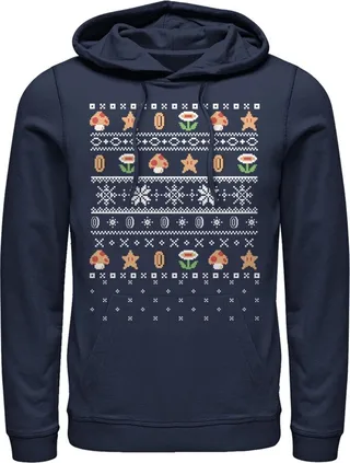 Men's Nintendo Ugly Christmas Mario Points Pull Over Hoodie - Navy Blue - 2X Large