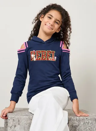 Cold Shoulder Sleeve Sequin Detail Hoodie 