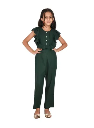 Rayon cotton frilled sleeves dark green jumpsuit for girls 
