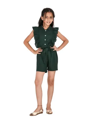 Rayon cotton collred dark green jumpsuit for girls 