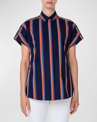 Striped Button-Shoulder Cap-Sleeve Poplin Shirt