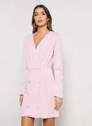 Ruched Waist Button Side Bodycon Dress Pink 