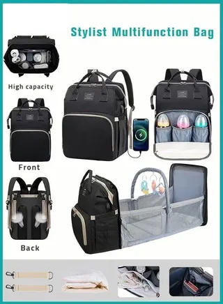 Baby Diaper Bag Backpack, Multifunction Diapers Changing Station & Toy Bar for Outdoor and Travel, Infant Shower Gifts, Large Capacity, USB Port, 3 Toys 