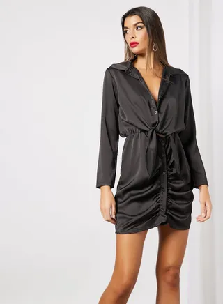 Tie-Front Ruched Shirt Dress Black 