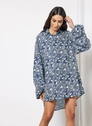 Casual Collared Neck Long Sleeve Oversized Shirt Dress 5 Blue Print 
