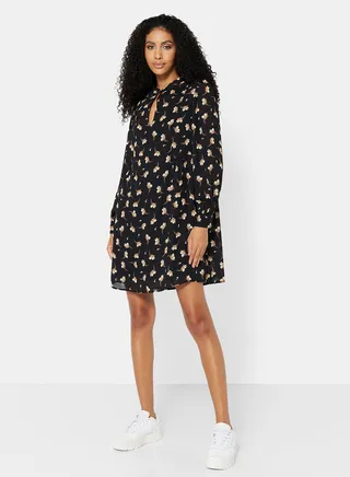 Flowy Printed Puff Sleeve Mini Dress Black 