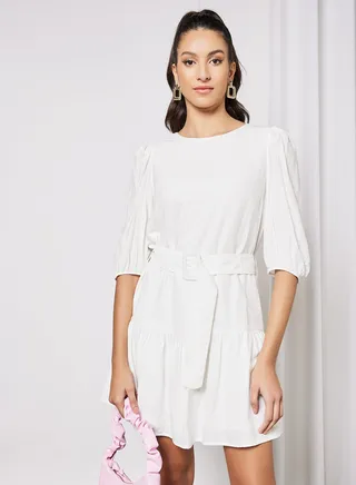 Puff Sleeve Belted Dress White 