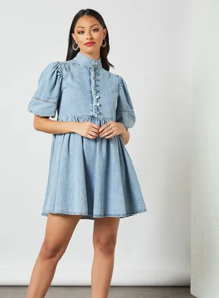 High Neck Denim  Dress Blue 