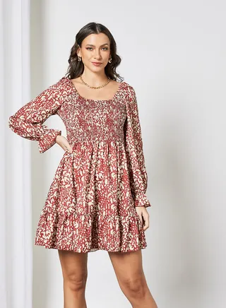 Shirred Animal Print Dress Red 