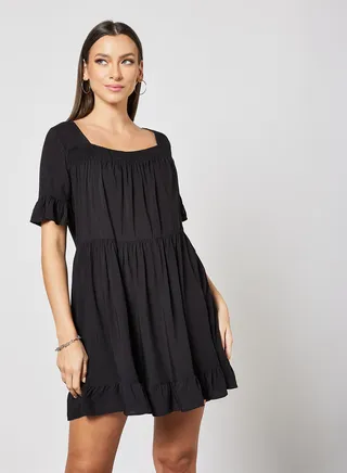 Smocked Detail Mini Dress Black 