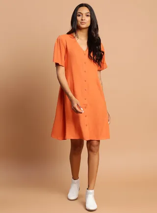 Casual Solid Pattern Mini Dress Rust 