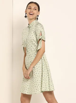 Tie Up Sleeve Printed Mini Dress Mint Green 