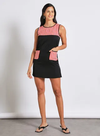 Women's Casual Polyester Sleeveless Mini Dress With Boat Neck With Patch Pocket Red/Black 