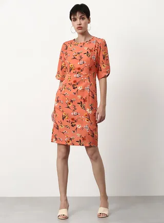 Floral Printed Regular Fit Mini Dress Orange 