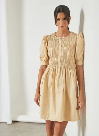 Smocked Mini Dress Almond Buff 