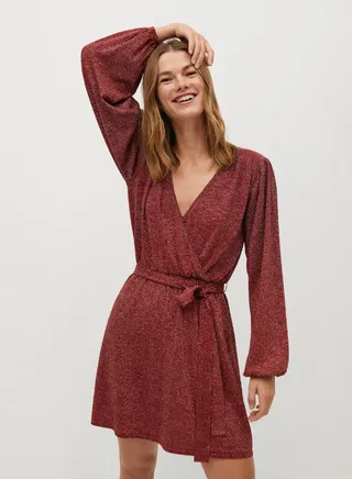 Shiny Textured Belted Surplice Dress Red 
