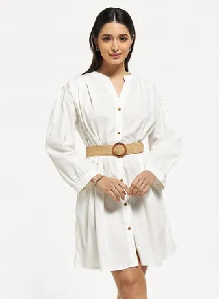 Lee Cooper Solid Shirt Dress with Pockets and Long Sleeves 