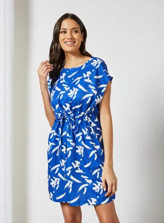 Women's Tie-Up Waist Casual Wear Dress Blue Print 