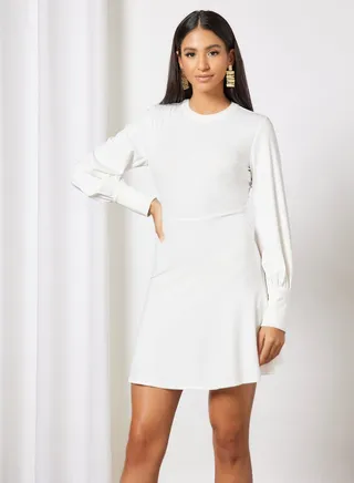 Flounce Hem Puff Sleeve Casual Dress Off-White 