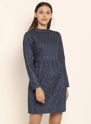 Tie Detail Printed Mini Dress Navy Blue 