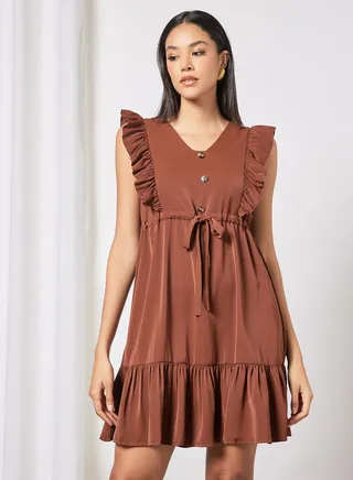 Casual V-Neck Sleeveless With Ruffle Mini A-Line Tie Up Dress Dark Brown 
