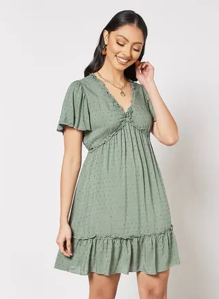 Ruffle Trim Mini Dress Green 