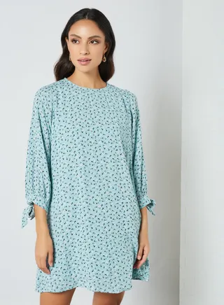 Casual Round Neck Mini Dress Blue Aop 