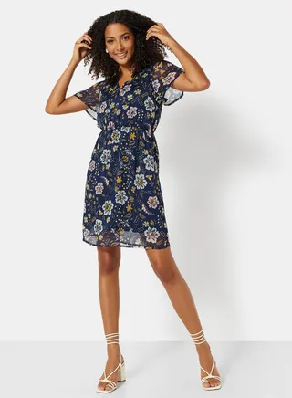 Floral Print V-Neck Dress Navy 