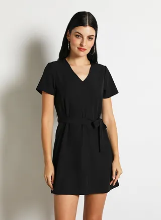 Women'S Casual Mini Short Sleeve Plain Basic Dress Black 