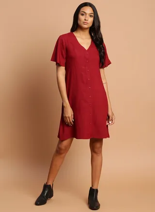 Casual Solid Pattern Mini Dress Burgundy 