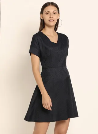 Printed V-Neck Skater Dress Jet Black 