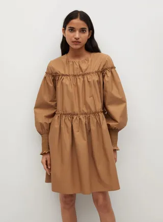 Tiered Round Neck Mini Dress Brown 