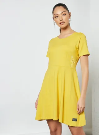 Round Neck Shift Mini Dress Mustard 