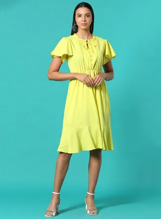 Tie Up Neck Knee Length Dress Green 
