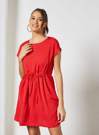 Women's Tie-Up Waist Casual Wear Dress Red 